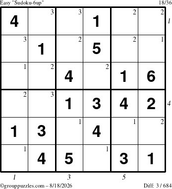 The grouppuzzles.com Easy Sudoku-6up puzzle for Tuesday August 18, 2026 with all 3 steps marked