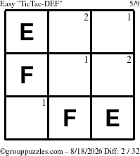 The grouppuzzles.com Easy TicTac-DEF puzzle for Tuesday August 18, 2026 with the first 2 steps marked