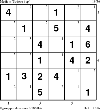 The grouppuzzles.com Medium Sudoku-6up puzzle for Tuesday August 18, 2026, suitable for printing, with all 3 steps marked
