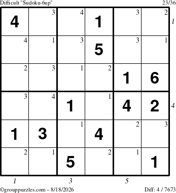 The grouppuzzles.com Difficult Sudoku-6up puzzle for Tuesday August 18, 2026, suitable for printing, with all 4 steps marked