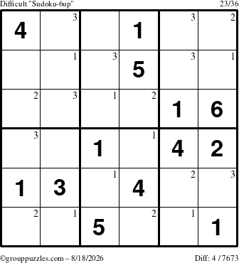 The grouppuzzles.com Difficult Sudoku-6up puzzle for Tuesday August 18, 2026 with the first 3 steps marked