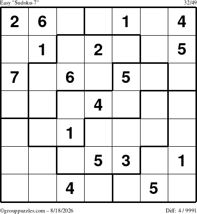 The grouppuzzles.com Easy Sudoku-7 puzzle for Tuesday August 18, 2026