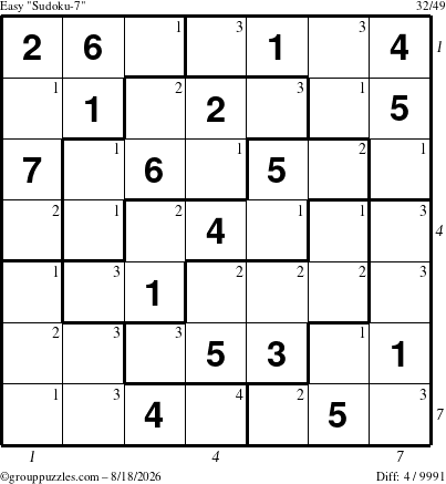 The grouppuzzles.com Easy Sudoku-7 puzzle for Tuesday August 18, 2026, suitable for printing, with all 4 steps marked