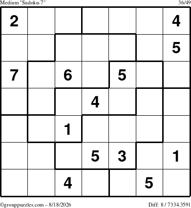 The grouppuzzles.com Medium Sudoku-7 puzzle for Tuesday August 18, 2026