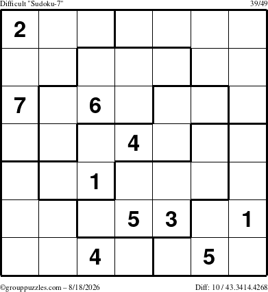 The grouppuzzles.com Difficult Sudoku-7 puzzle for Tuesday August 18, 2026