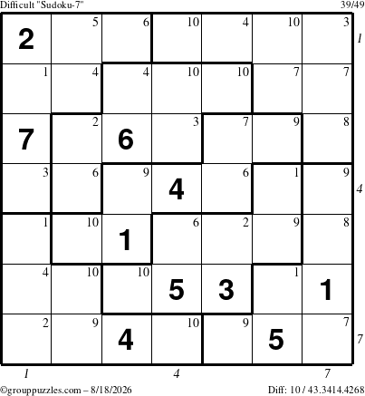 The grouppuzzles.com Difficult Sudoku-7 puzzle for Tuesday August 18, 2026, suitable for printing, with all 10 steps marked