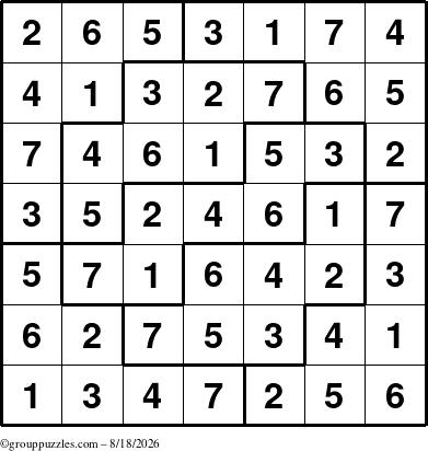 The grouppuzzles.com Answer grid for the Sudoku-7 puzzle for Tuesday August 18, 2026