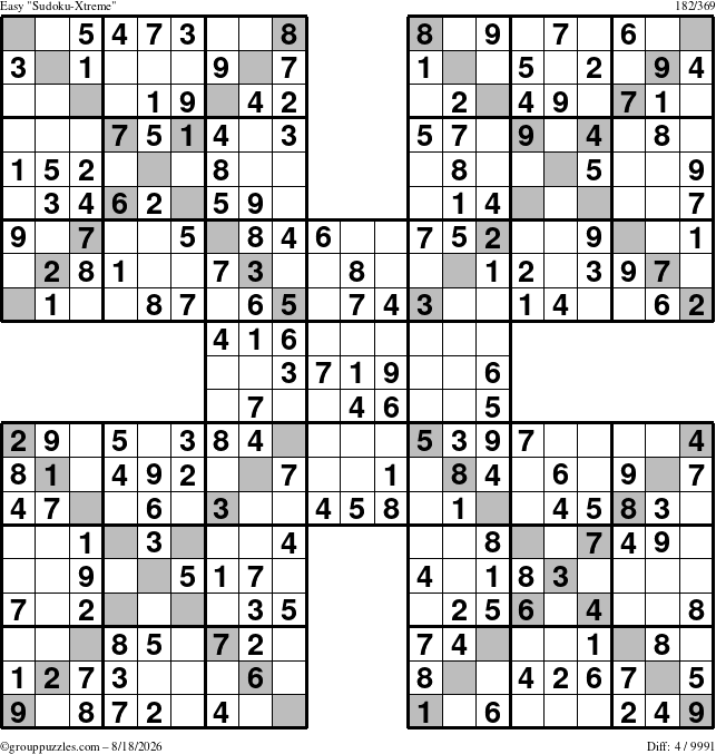 The grouppuzzles.com Easy Sudoku-Xtreme puzzle for Tuesday August 18, 2026