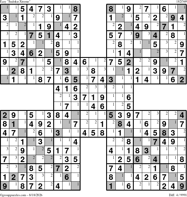 The grouppuzzles.com Easy Sudoku-Xtreme puzzle for Tuesday August 18, 2026 with the first 3 steps marked
