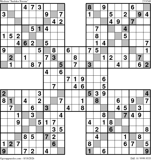 The grouppuzzles.com Medium Sudoku-Xtreme puzzle for Tuesday August 18, 2026