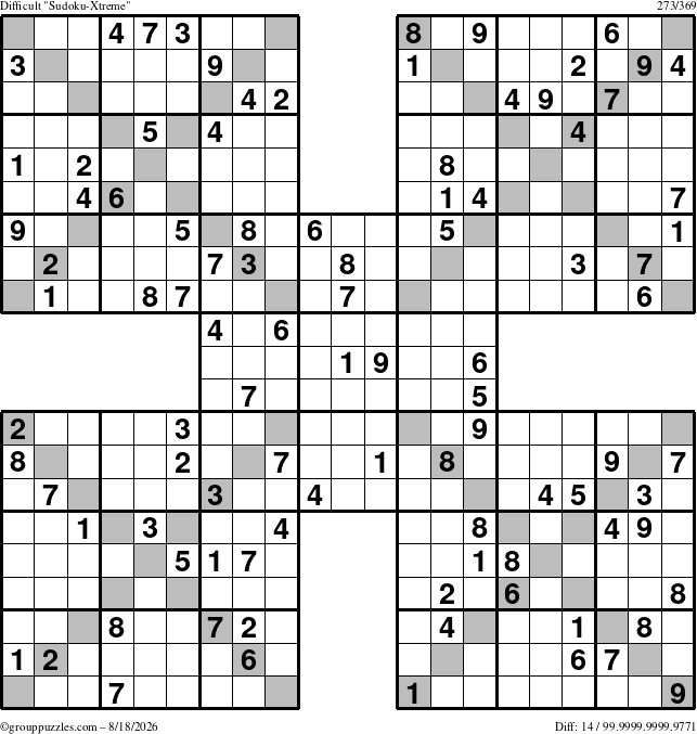 The grouppuzzles.com Difficult Sudoku-Xtreme puzzle for Tuesday August 18, 2026