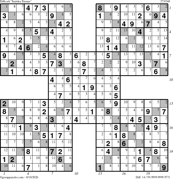 The grouppuzzles.com Difficult Sudoku-Xtreme puzzle for Tuesday August 18, 2026 with all 14 steps marked