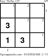 The grouppuzzles.com Easy TicTac-123 puzzle for Tuesday August 18, 2026 with all 2 steps marked
