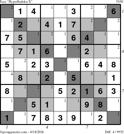The grouppuzzles.com Easy HyperSudoku-X puzzle for Tuesday August 18, 2026, suitable for printing, with all 4 steps marked