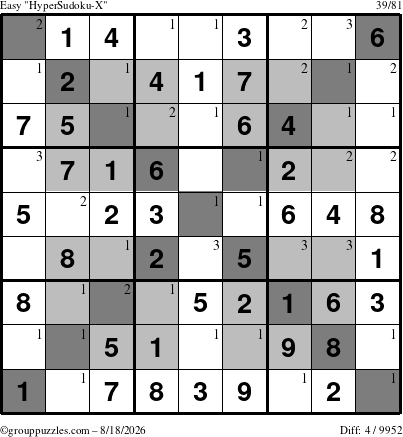 The grouppuzzles.com Easy HyperSudoku-X puzzle for Tuesday August 18, 2026 with the first 3 steps marked