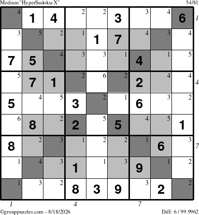 The grouppuzzles.com Medium HyperSudoku-X puzzle for Tuesday August 18, 2026, suitable for printing, with all 6 steps marked