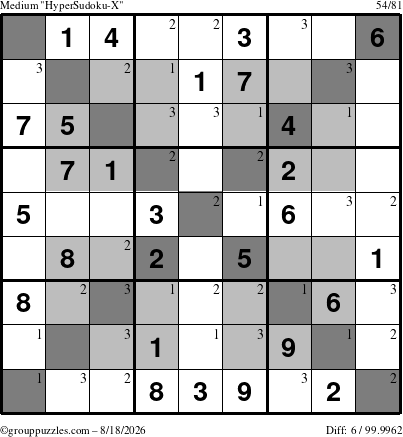 The grouppuzzles.com Medium HyperSudoku-X puzzle for Tuesday August 18, 2026 with the first 3 steps marked
