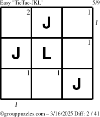 The grouppuzzles.com Easy TicTac-JKL puzzle for Sunday March 16, 2025 with all 2 steps marked