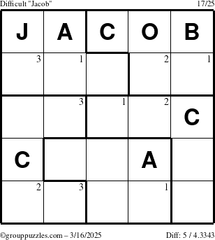 The grouppuzzles.com Difficult Jacob puzzle for Sunday March 16, 2025 with the first 3 steps marked