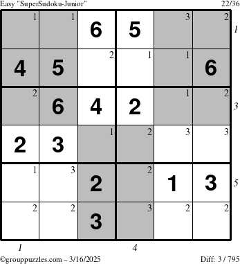 The grouppuzzles.com Easy SuperSudoku-Junior puzzle for Sunday March 16, 2025, suitable for printing, with all 3 steps marked
