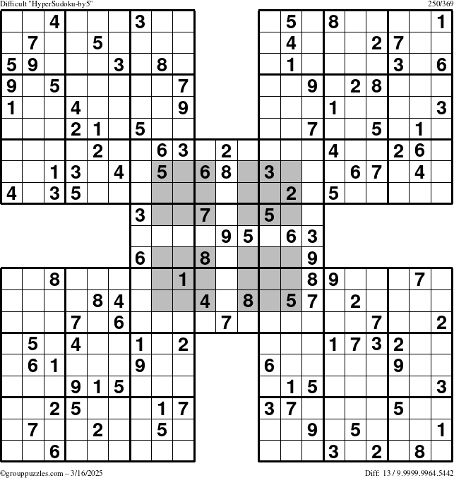 The grouppuzzles.com Difficult HyperSudoku-by5 puzzle for Sunday March 16, 2025