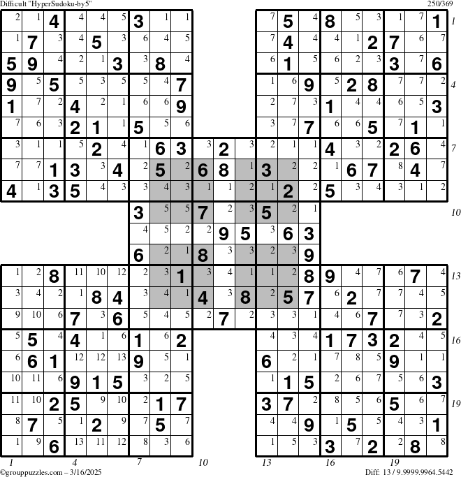 The grouppuzzles.com Difficult HyperSudoku-by5 puzzle for Sunday March 16, 2025 with all 13 steps marked