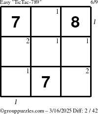 The grouppuzzles.com Easy TicTac-789 puzzle for Sunday March 16, 2025 with all 2 steps marked