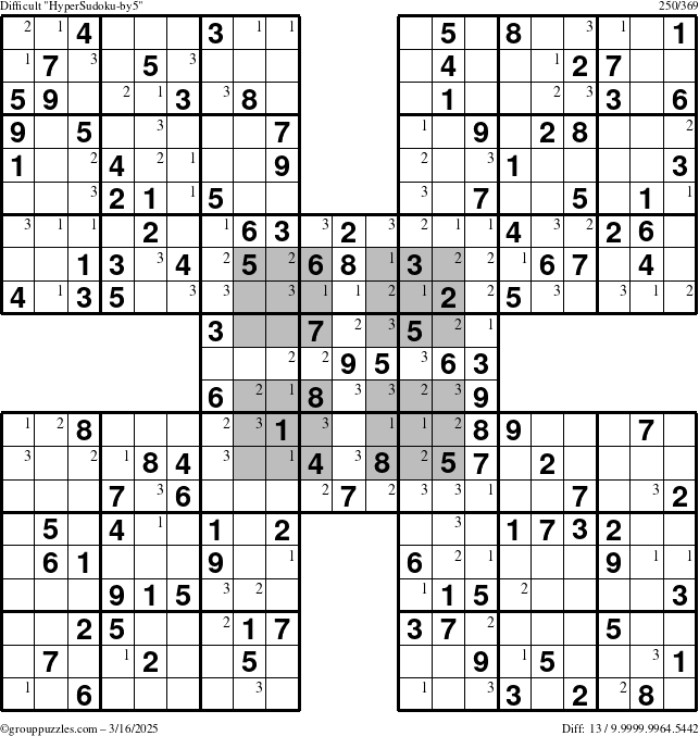 The grouppuzzles.com Difficult HyperSudoku-by5 puzzle for Sunday March 16, 2025 with the first 3 steps marked