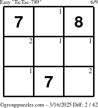 The grouppuzzles.com Easy TicTac-789 puzzle for Sunday March 16, 2025 with the first 2 steps marked