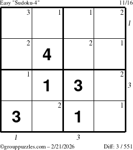 The grouppuzzles.com Easy Sudoku-4 puzzle for Saturday February 21, 2026 with all 3 steps marked
