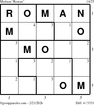 The grouppuzzles.com Medium Roman puzzle for Saturday February 21, 2026 with all 4 steps marked