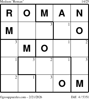 The grouppuzzles.com Medium Roman puzzle for Saturday February 21, 2026 with the first 3 steps marked
