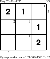 The grouppuzzles.com Easy TicTac-123 puzzle for Saturday February 21, 2026, suitable for printing, with all 2 steps marked