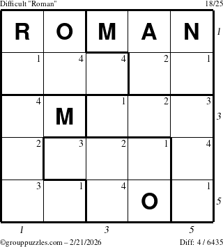 The grouppuzzles.com Difficult Roman puzzle for Saturday February 21, 2026, suitable for printing, with all 4 steps marked