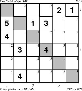 The grouppuzzles.com Easy Sudoku-6up-UR-D puzzle for Saturday February 21, 2026 with all 4 steps marked