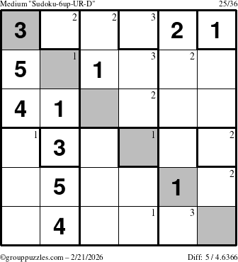 The grouppuzzles.com Medium Sudoku-6up-UR-D puzzle for Saturday February 21, 2026 with the first 3 steps marked