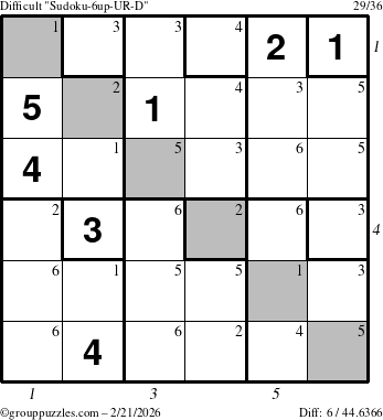 The grouppuzzles.com Difficult Sudoku-6up-UR-D puzzle for Saturday February 21, 2026, suitable for printing, with all 6 steps marked