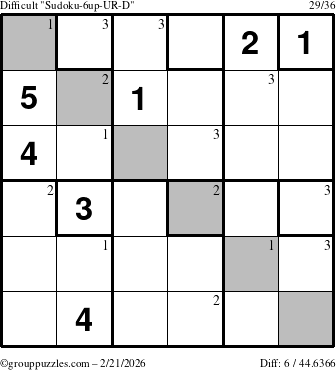 The grouppuzzles.com Difficult Sudoku-6up-UR-D puzzle for Saturday February 21, 2026 with the first 3 steps marked