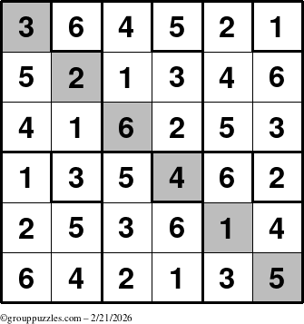The grouppuzzles.com Answer grid for the Sudoku-6up-UR-D puzzle for Saturday February 21, 2026
