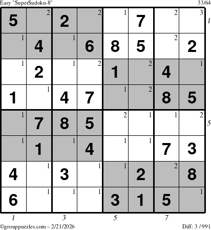 The grouppuzzles.com Easy SuperSudoku-8 puzzle for Saturday February 21, 2026, suitable for printing, with all 3 steps marked