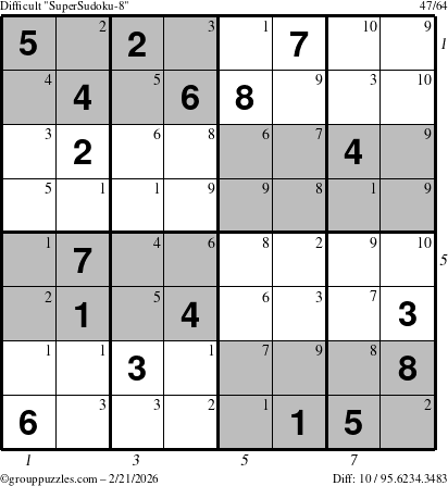 The grouppuzzles.com Difficult SuperSudoku-8 puzzle for Saturday February 21, 2026, suitable for printing, with all 10 steps marked