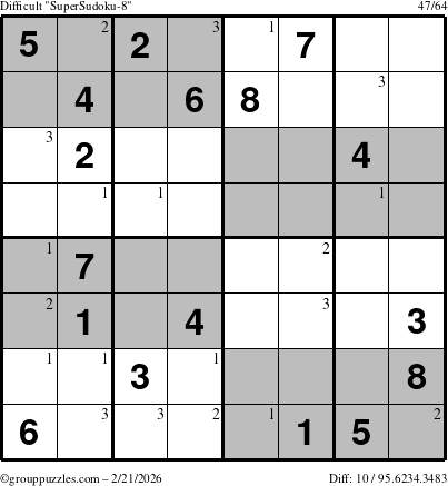 The grouppuzzles.com Difficult SuperSudoku-8 puzzle for Saturday February 21, 2026 with the first 3 steps marked