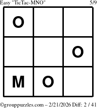 The grouppuzzles.com Easy TicTac-MNO puzzle for Saturday February 21, 2026