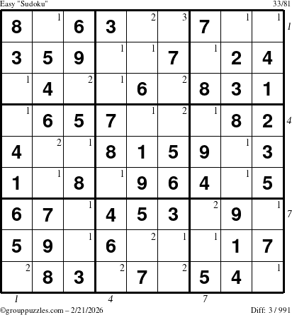 The grouppuzzles.com Easy Sudoku puzzle for Saturday February 21, 2026 with all 3 steps marked
