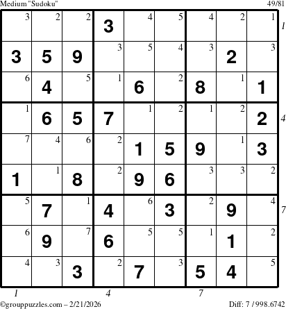 The grouppuzzles.com Medium Sudoku puzzle for Saturday February 21, 2026 with all 7 steps marked