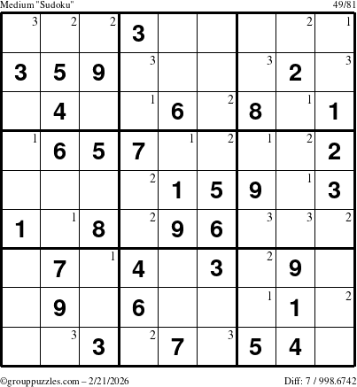 The grouppuzzles.com Medium Sudoku puzzle for Saturday February 21, 2026 with the first 3 steps marked