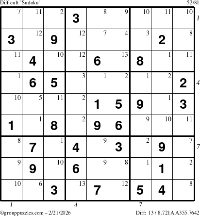 The grouppuzzles.com Difficult Sudoku puzzle for Saturday February 21, 2026 with all 13 steps marked