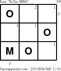 The grouppuzzles.com Easy TicTac-MNO puzzle for Saturday February 21, 2026 with all 2 steps marked