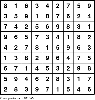 The grouppuzzles.com Answer grid for the Sudoku puzzle for Saturday February 21, 2026