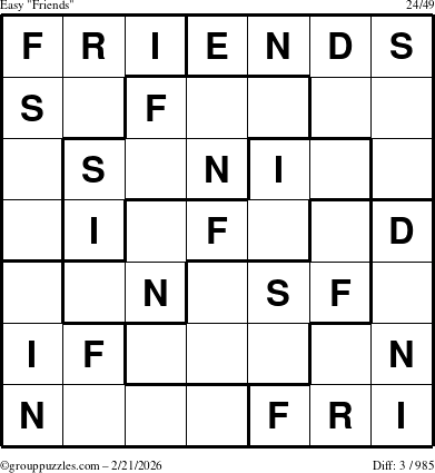 The grouppuzzles.com Easy Friends puzzle for Saturday February 21, 2026